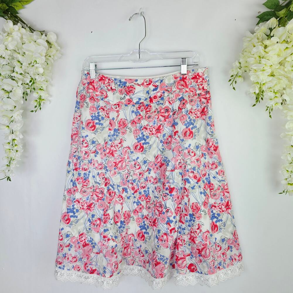 Floral A-Line Skirt Medium White Pink Blue Lace Trim Cottagecore Coquette Girly
